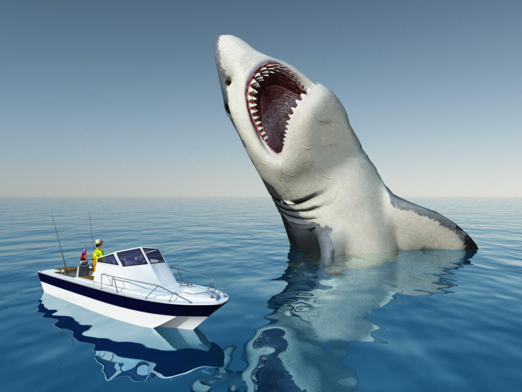 Computer generated 3D illustration with sea angler and the Megalodon shark