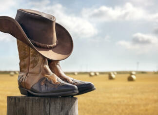 Maturantski izleti: govorice, miti in realnost Cowboy boots and hat at ranch, country music festival live concert or line dancing concept