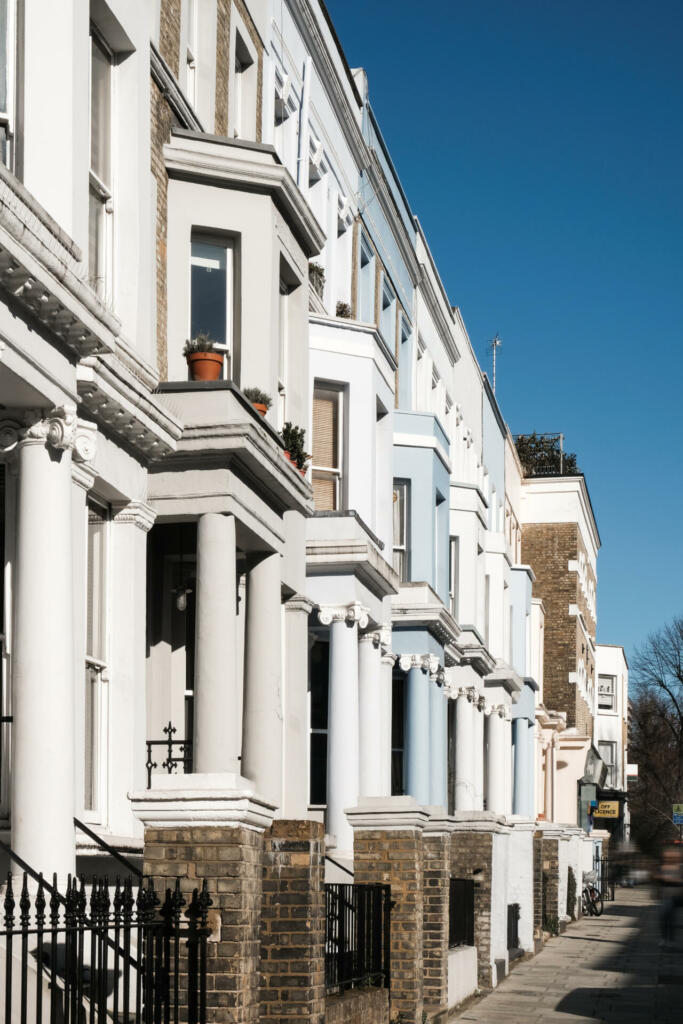 Detailed shot of Beautiful Houses on Westbourne Park Road in Notting Hill, London, UK. February 2022