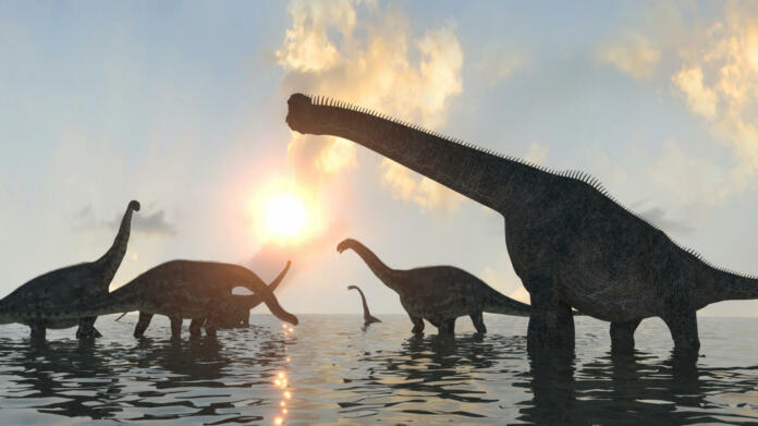 dinosaurs at sunset render 3d