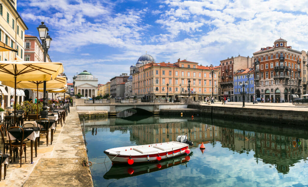 Downtown of Trieste with canals and restaurants,