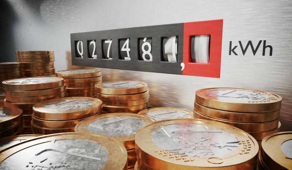 Electrometer is measuring power consumption. Coins in foreground. Expensive electricity concept. 3D rendered illustration.