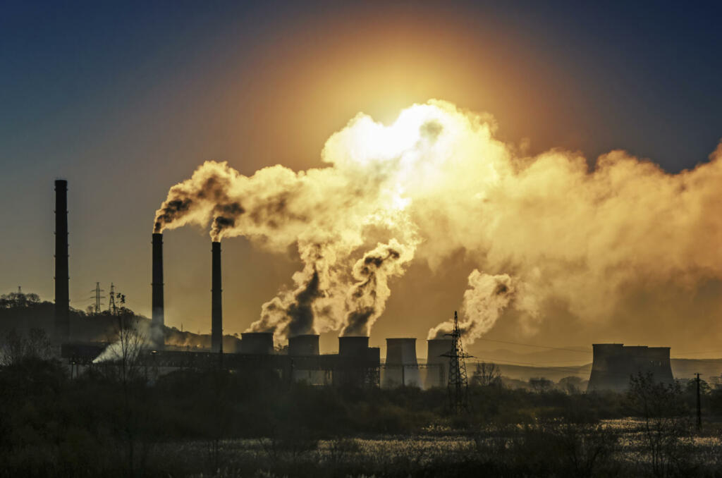 Factory pipe polluting air, environmental problems, ecology theme