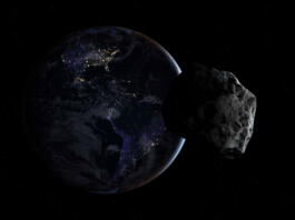 Hazardous asteroid approaching to planet Earth from night side. Concept a potentially hazardous object (PHO). Planet Earth from the space at night and asteroid. North America, Central America, and South America at night viewed from space with city lights. Elements of this image furnished by NASA. ______ Url(s): https://earthobservatory.nasa.gov/features/NightLightsSoftware: Adobe Photoshop CC 2015. 3ds Max 2016