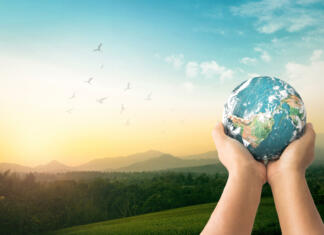 Je Zemlja danes res bolj zelena kot pred 20 leti? Tako pravijo Nasini raziskovalci Human hands holding global over green mountain background. Original source from Nasa on https://visibleearth.nasa.gov/images/54388/earth-the-blue-marble