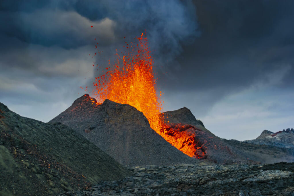 Iceland Volcano Volcanic Eruption with lava at Fagradalsfjall, Reykjanes Peninsula