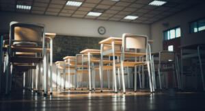 interior of a traditional primary school, wooden floor and elements, vintage and classic atmosphere. school and education concept. nobody around. 3d render.