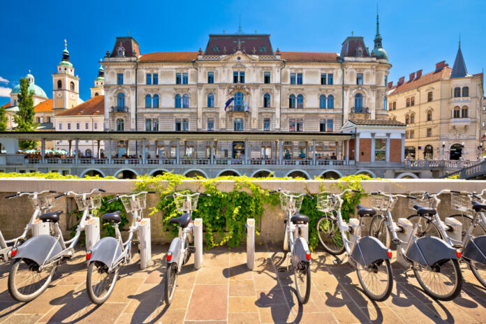 Ljubljana architecture and tourist bikes, capital city of Slovenia