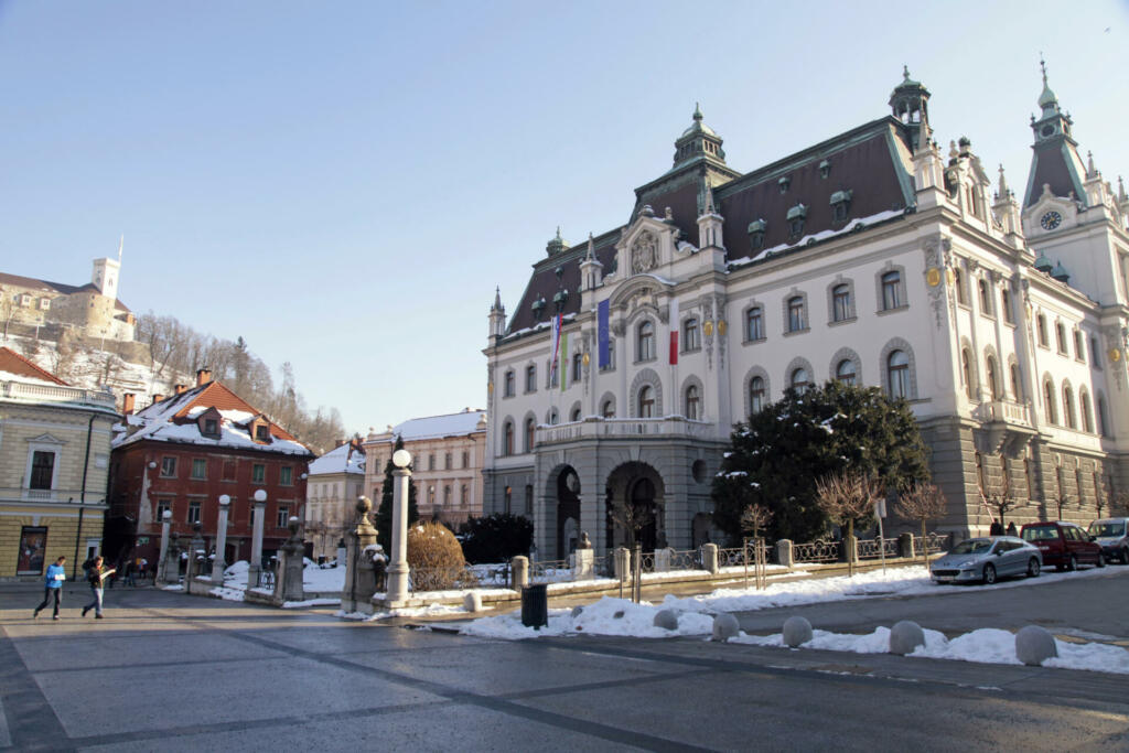 Ljubljana, Slovenia - February 10, 2015: Beautiful city view with Old town and University of Ljubljana, Slovenia