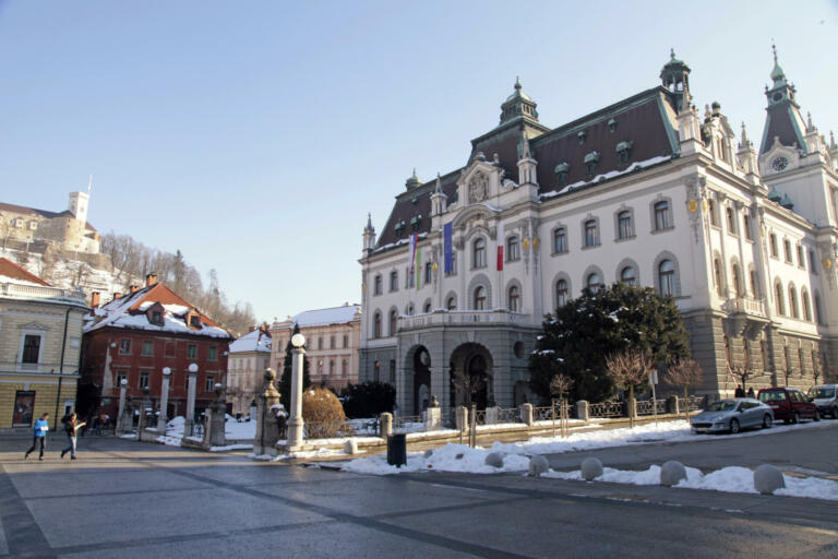 Ljubljana, Slovenia - February 10, 2015: Beautiful city view with Old town and University of Ljubljana, Slovenia
