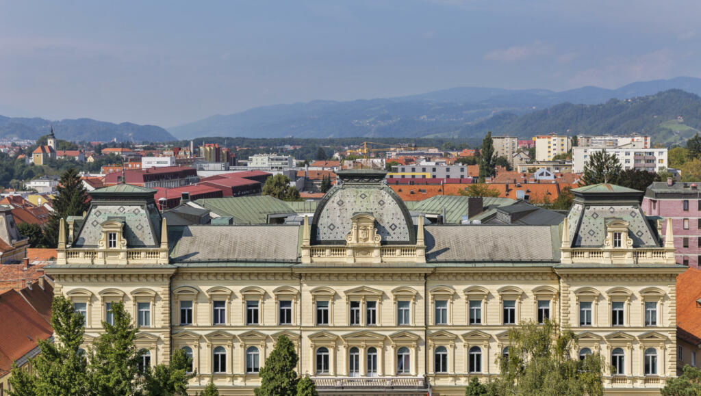 Maribor cityscape with University building, view from Cathedral, Slovenia