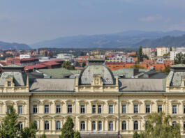 Maribor cityscape with University building, view from Cathedral, Slovenia