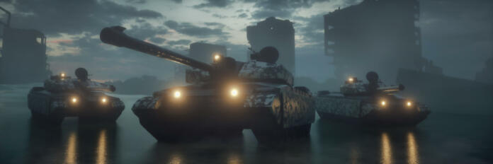 Military silhouettes three tanks on war fog sky background. Tanks battle. War Concept. 3d rendering.