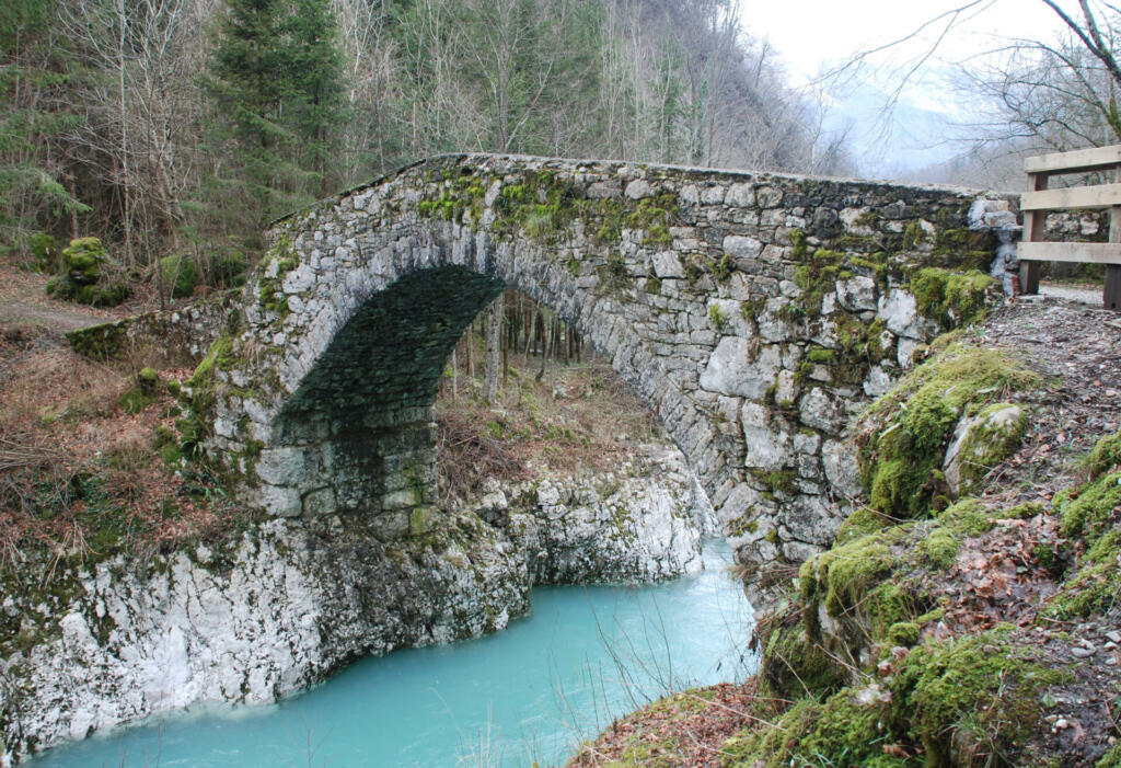 Napolean Bridge (known as Napoleonov Most in the local language) near Logje in the Kobarid municipality of Slovenia. This stone bridge is believed to have been built in 1812 and was declared a cultural monument of local importance in 1990