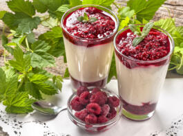 Pana cotta with mint and raspberries with fruit topping