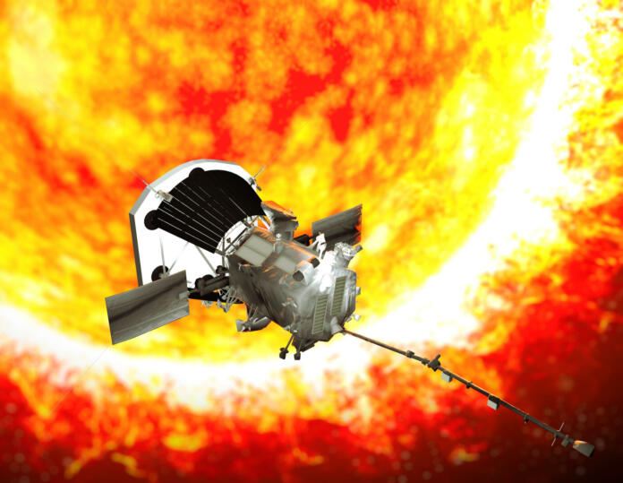 Parker Solar Probe traveling to the sun. The purpose of the probe is to carefully analyze the Sun and its solar wind. Elements of this image are furnished by NASA. 3d rendering