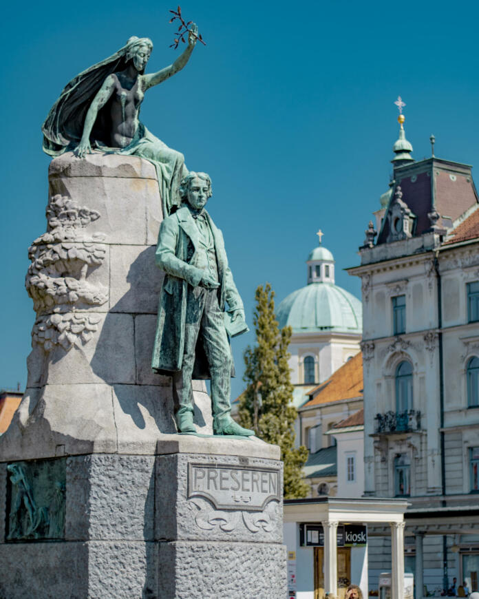 Preseren statue with Ljubljana Cathedral in the background, Central Slovenia Region