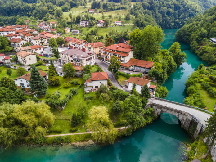 Riverside Most na Soci Picturesque Town in Slovenia.
