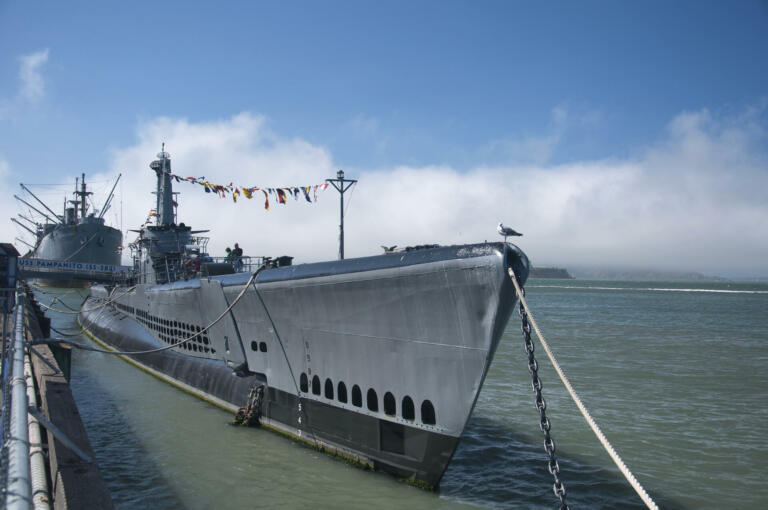San francisco, California. July 23, 2017. USS Pampanito (SS-383), a Balao-class diesel-electric submarine earned six battle stars for World War II service and ss jeremiah o'brien liberty ship on san francisco bay."n