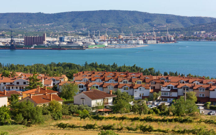 Seaside resort of Ankaran, Slovenia, with the seaport of Koper in the background