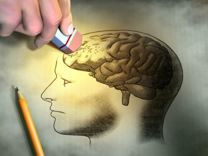 Risba človeške glave z možgani, kjer nekdo radira možgane
