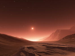 Sunset on Mars. Mars mountains, view from the valley. 3D rendering