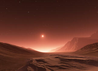 Model, ki zagotavlja metodo za pristanek ljudi na Marsu Sunset on Mars. Mars mountains, view from the valley. 3D rendering