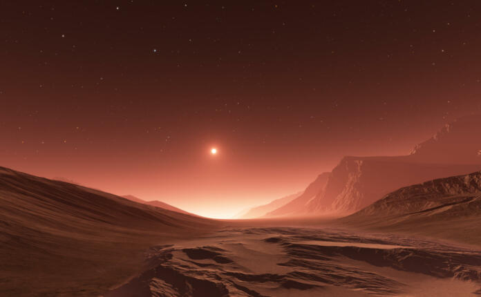 Sunset on Mars. Mars mountains, view from the valley. 3D rendering