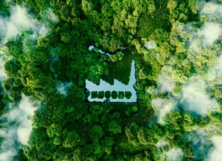 »Za globalno segrevanje je krivo sonce in ne CO2« The concept of environmentally friendly production. A pond shaped like a factory in the middle of a lush forest. 3d rendering.