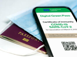 The digital green pass of the european union with the QR code on the screen of a mobile phone over a surgical mask and a passport. Immunity from Covid-19. Travel without restrictions.