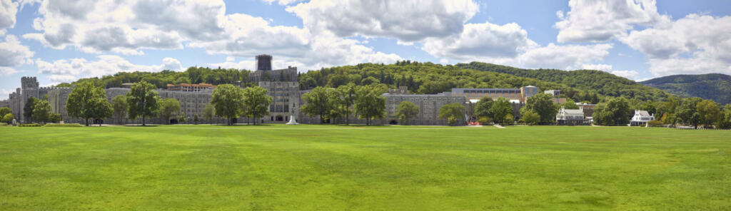 The Military Academy at West Point, New York. Parade grounds in front of main building. HQ panorama.