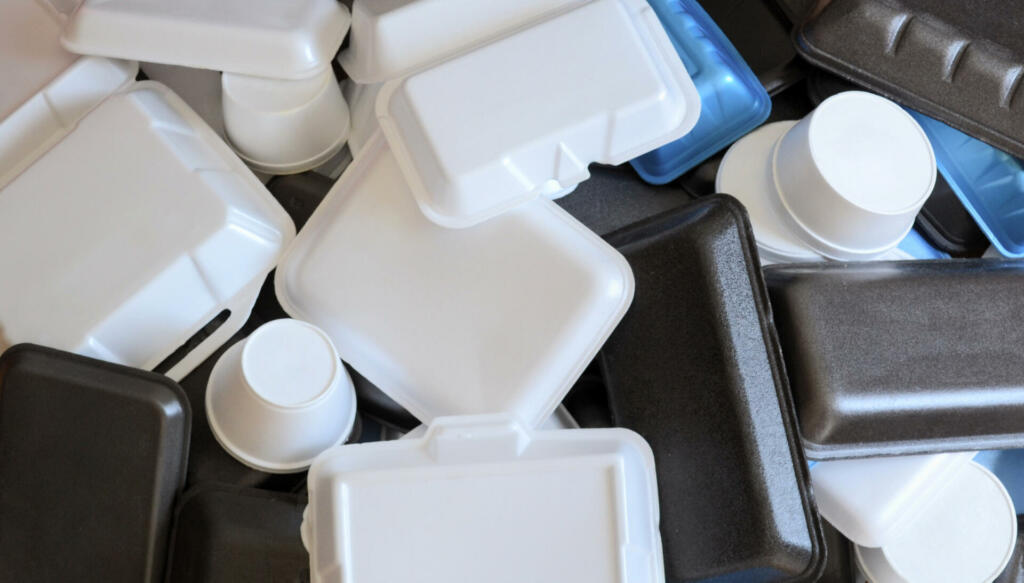 Top view of a stack of polystyrene containers (number 6 plastic).