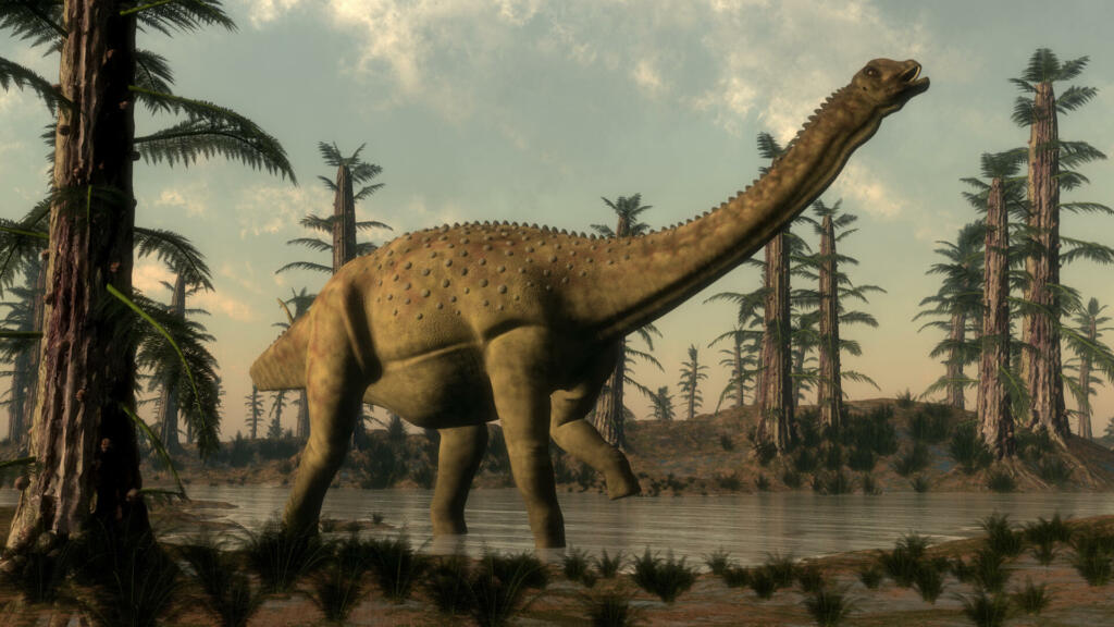 Uberabatitan dinosaur walking in the lake among tempskya trees and onychiopsis plants - 3D render