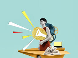 Woman with a light bulb in a paper airplane. Creativity and uniqueness in business and education. Art collage.