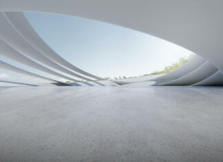 Predstavljamo doktorski študijski program arhitektura 3d render of futuristic concrete architecture with car park, empty cement floor.