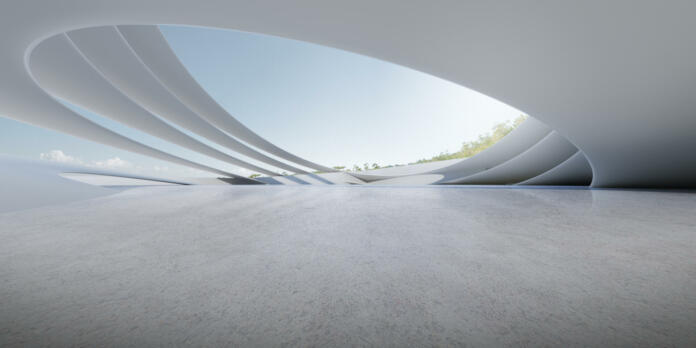 3d render of futuristic concrete architecture with car park, empty cement floor.