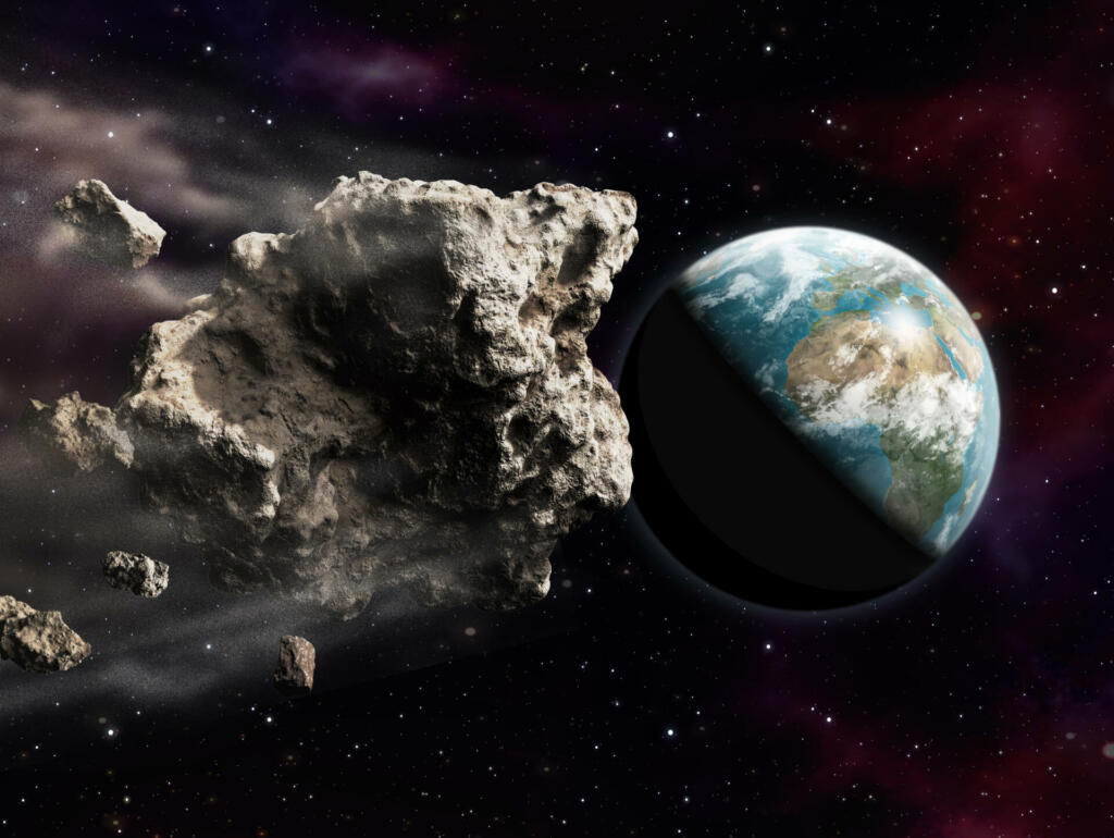 3D rendering of a dangerous large asteroid threatening to impact planet Earth.