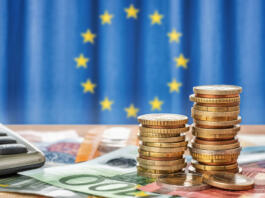 Banknotes and coins in front of the flag of the European Union