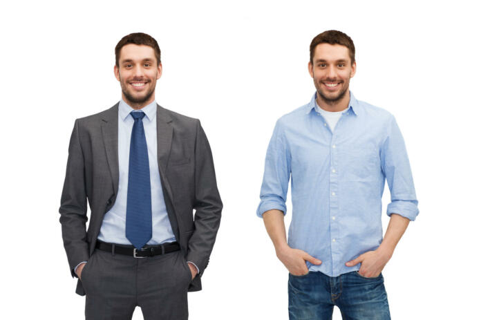 business and casual clothing concept - same man in different style clothes