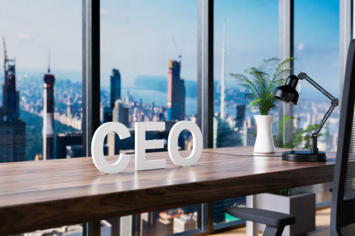 ceo; office chair in front of workspace and panoramic skyline view; company concept; 3D Illustration