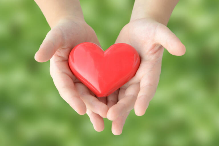 Child's hands covering heart object on natural green background