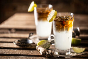 Dark n Stormy highball cocktail served as a long drink with rum, fresh lime juice, and ginger beer.