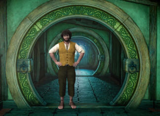 Decembrske kino predstave Fantasy halfling man standing under a round archway in the hallway of his house. 3D illustration.