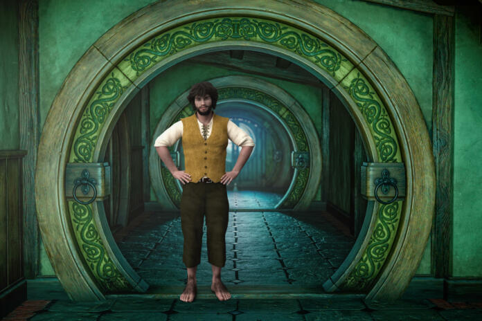 Fantasy halfling man standing under a round archway in the hallway of his house. 3D illustration.