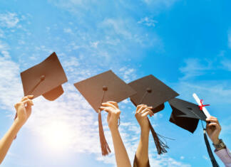 Maturantska kapa – simbol maturantov Four hands holding graduation hats on background of blue sky.