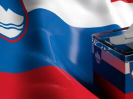 Glass ballot box on Slovenia flag background, 3d illustration