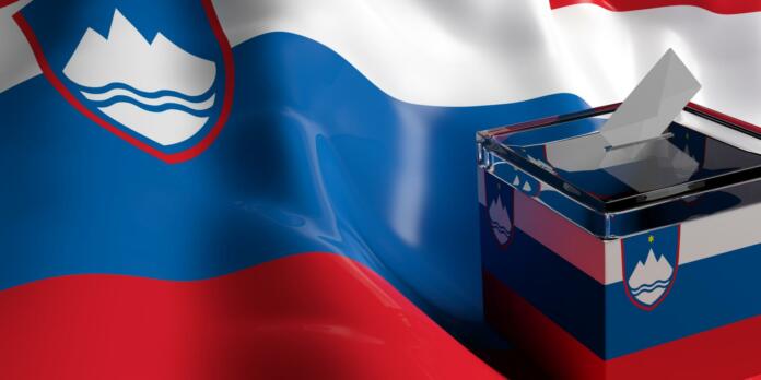 Glass ballot box on Slovenia flag background, 3d illustration