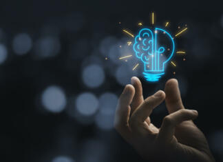 Pametni ljudje se učijo iz napak drugih Hand holding drawing virtual lightbulb with brain on bokeh background for creative and smart thinking idea concep