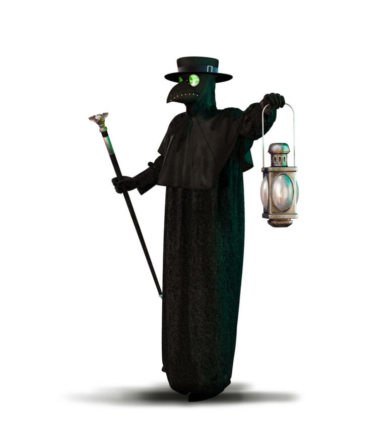 Historic costume of black death plague doctor Schnabel, isolated on white background, 3d render