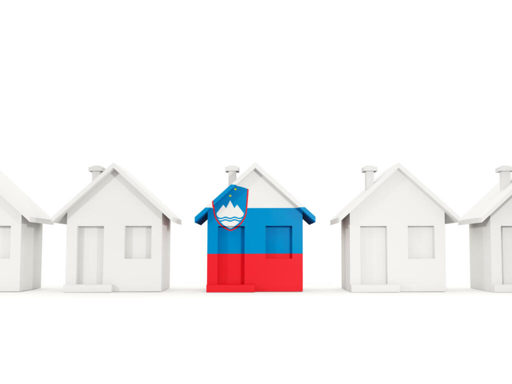 House with flag of slovenia in a row of white houses. Real estate concept. 3D illustration